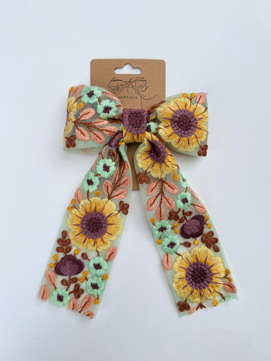 Embroidered Sunflower Long Tail Bow